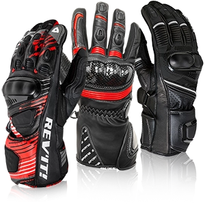 Three sporty motorcycle gloves with protectors in black, red and carbon design.